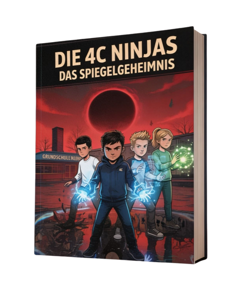 Buchcover von Die 4C Ninjas - das Spiegelgeheimnis Fantasy-Buchcover von Die 4C Ninjas - Das Spiegelgeheimnis mit vier Kindern und einer roten Kuppel