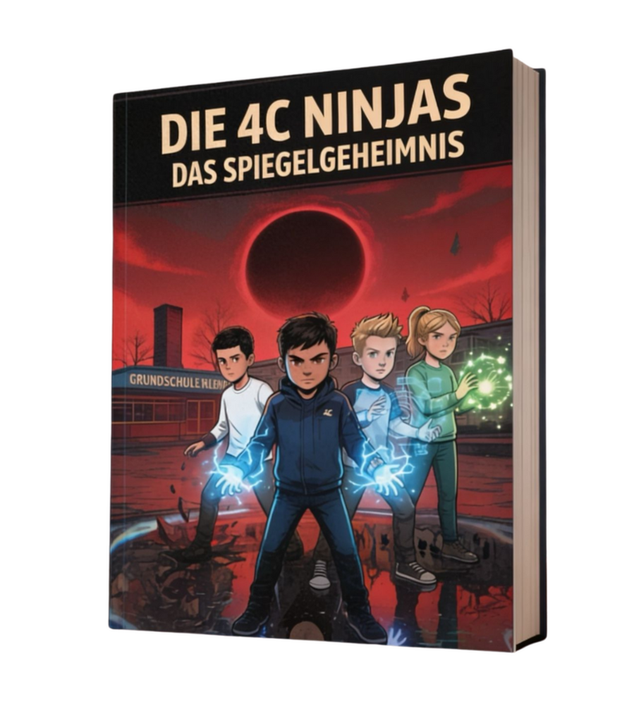 Buchcover von Die 4C Ninjas - das Spiegelgeheimnis Fantasy-Buchcover von Die 4C Ninjas - Das Spiegelgeheimnis mit vier Kindern und einer roten Kuppel